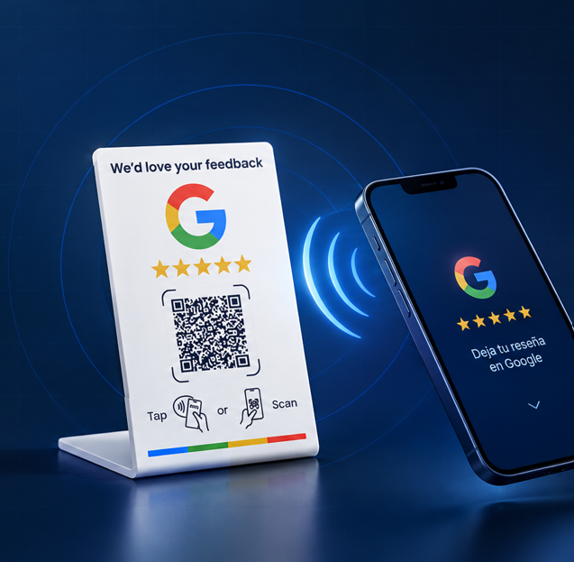 Expositor NFC de reseñas de Google junto a un móvil que muestra la pantalla para dejar una reseña